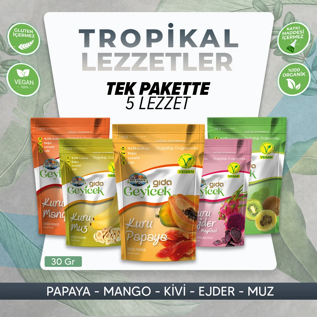 Geyicek Gıda Tropikal Lezzetler 5x30 Gr (Papaya/Mango/Kivi/Ejder Meyvesi/Muz) 