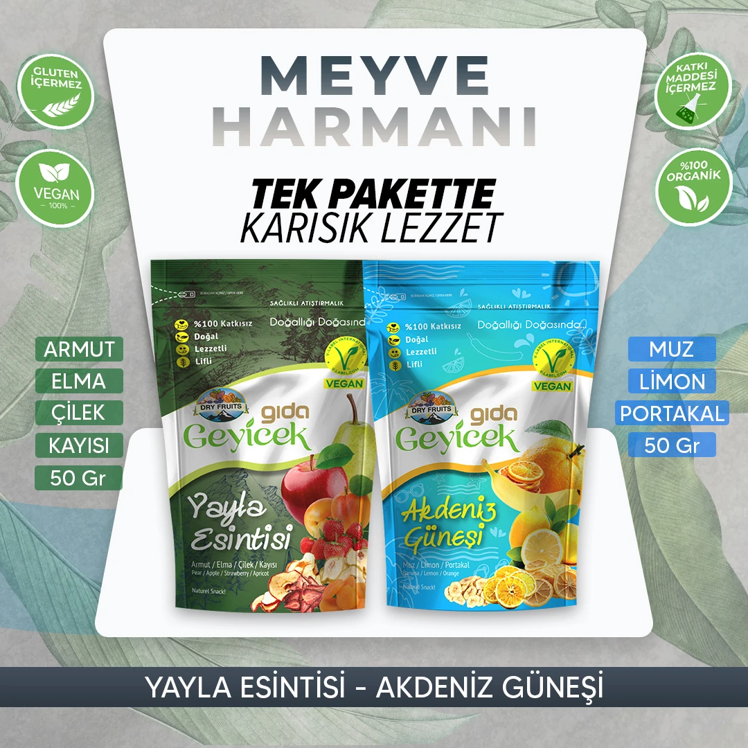 Geyicek Gıda Meyve Harmanı 2x50 Gr (Armut/Elma/Çilek/Kayısı) (Muz/Limon/Portakal)