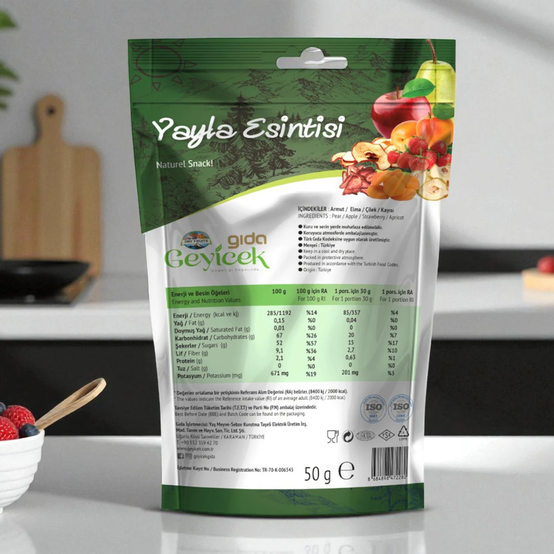 Geyicek Gıda Yayla Esintisi Kurutulmuş Meyveler (Armut/Elma/Çilek/Kayısı) 50 Gr
