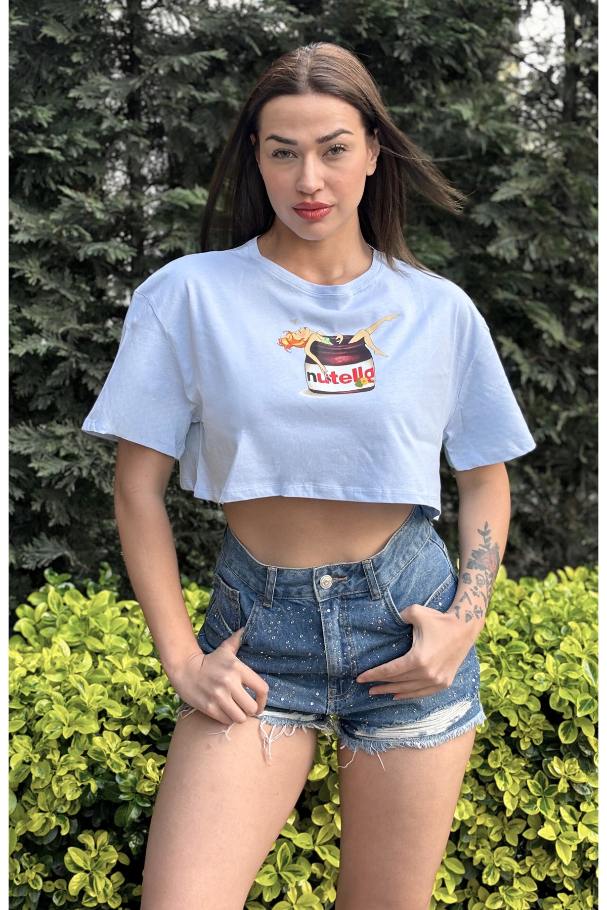 Kadın Lila Bisiklet Yaka Baskılı Oversize Crop T-shirt - blue