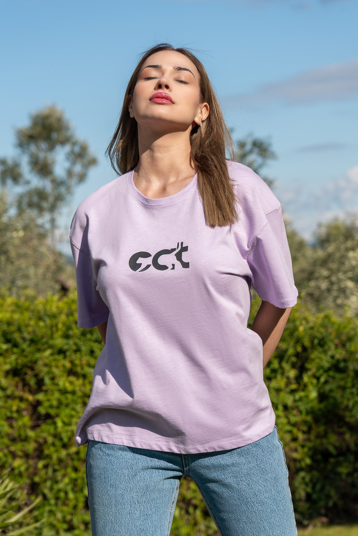 Oversize Fit Bisiklet Yaka Baskılı Kısa Kollu T-shirt - Lilac