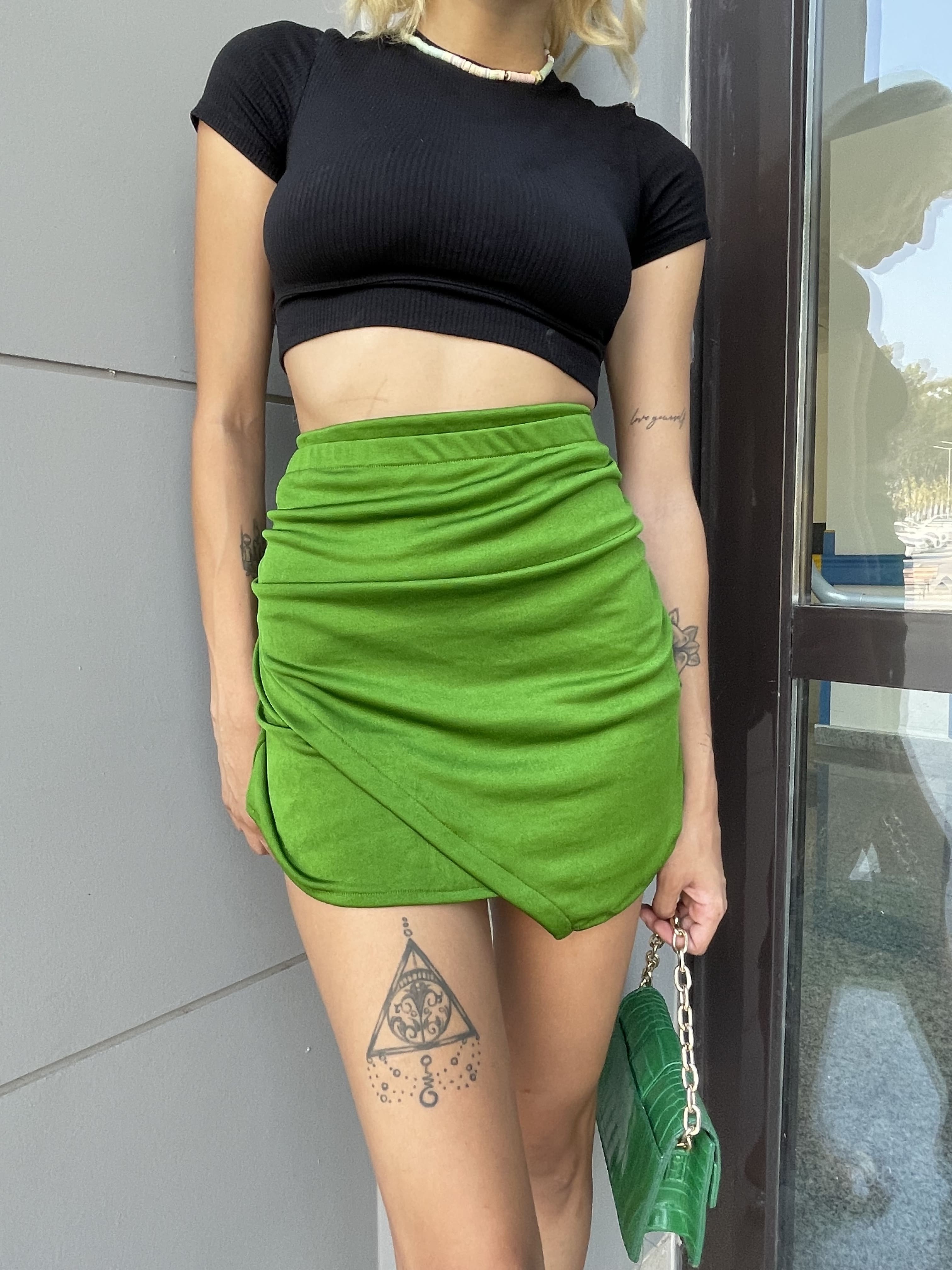 Women's Asymmetrical Cut Mini Skirt ETK11 - Green