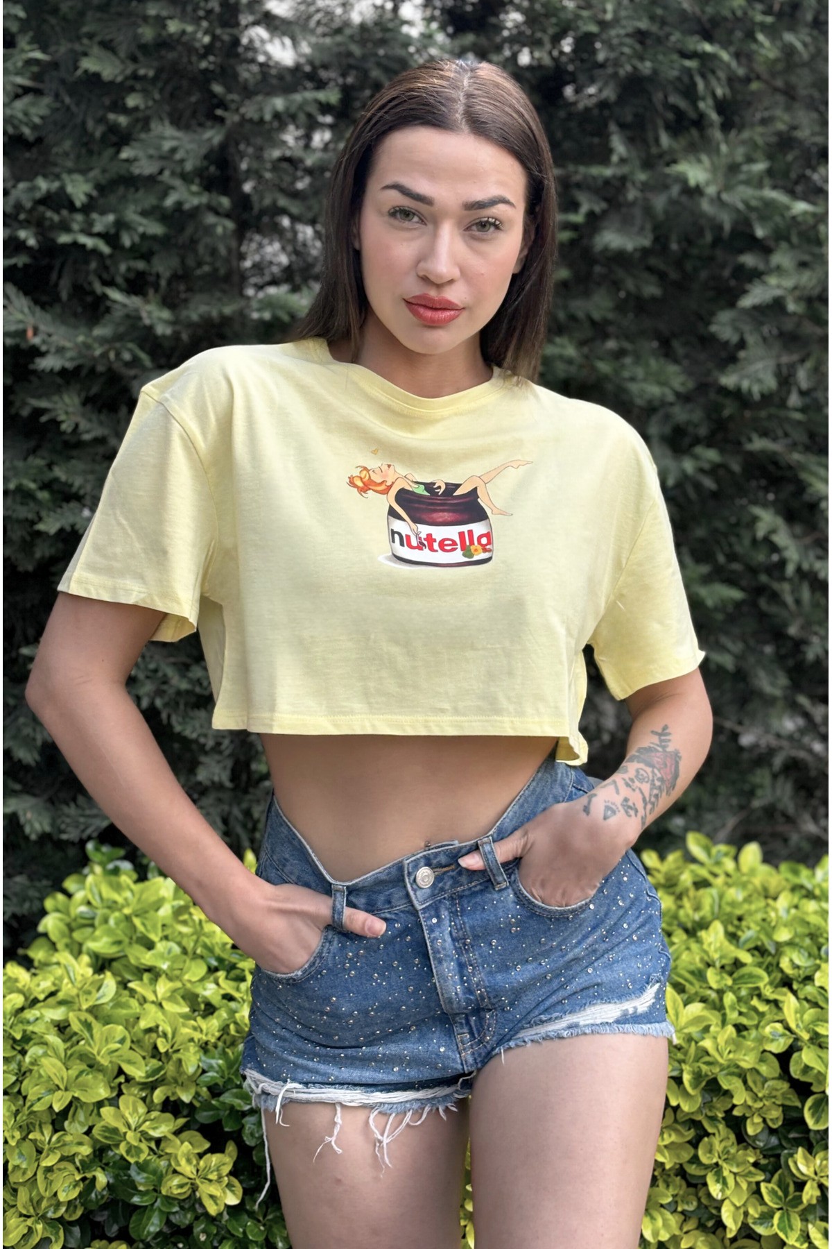 Kadın Lila Bisiklet Yaka Baskılı Oversize Crop T-shirt - Sarı