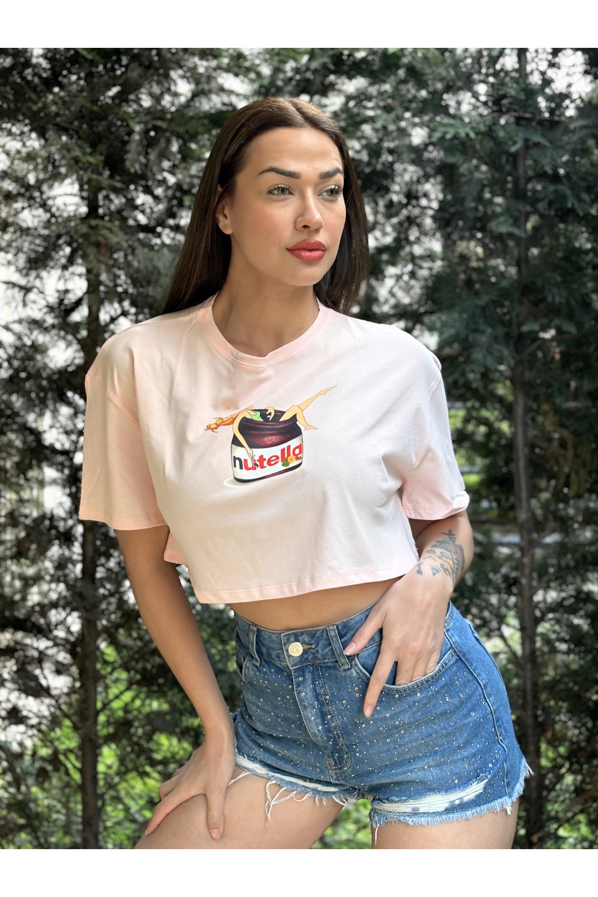 Kadın Lila Bisiklet Yaka Baskılı Oversize Crop T-shirt - Pembe