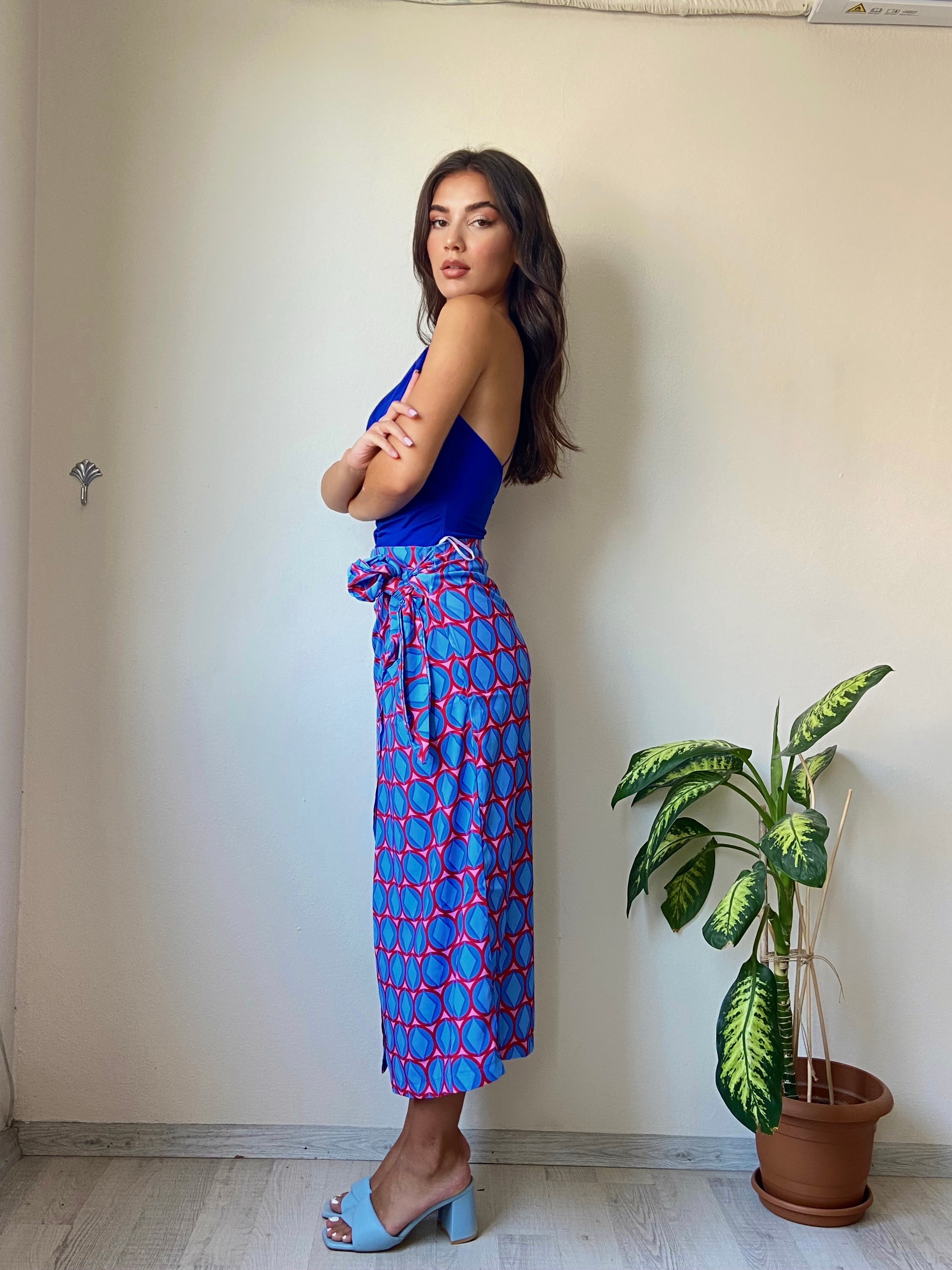 Blue Fringed Patterned High-Waisted Wrap Skirt ETK14