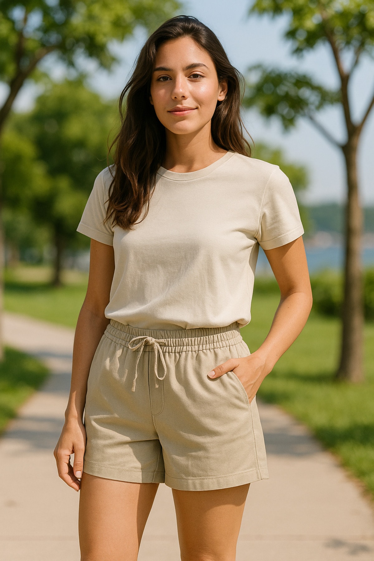 Krem Regular Bağcıklı Kadın Short