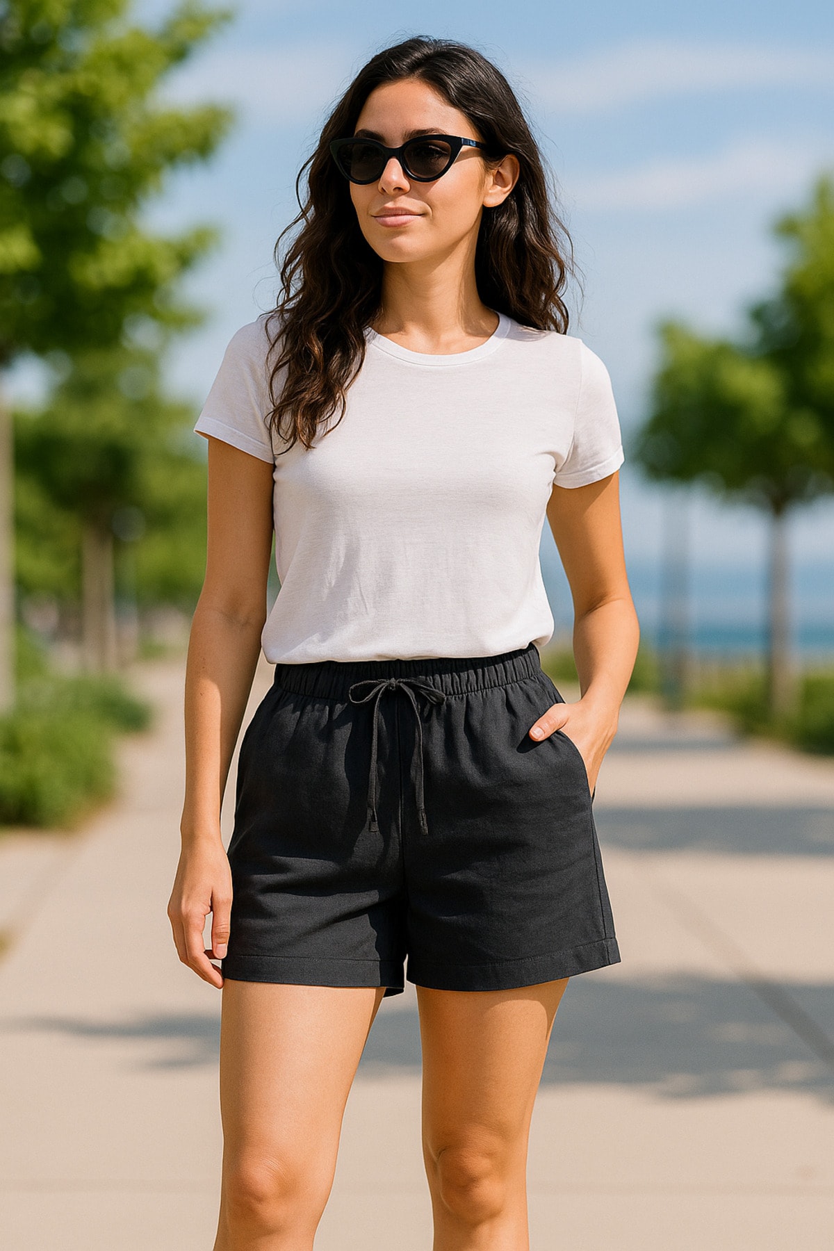 Siyah Regular Bağcıklı Kadın Short