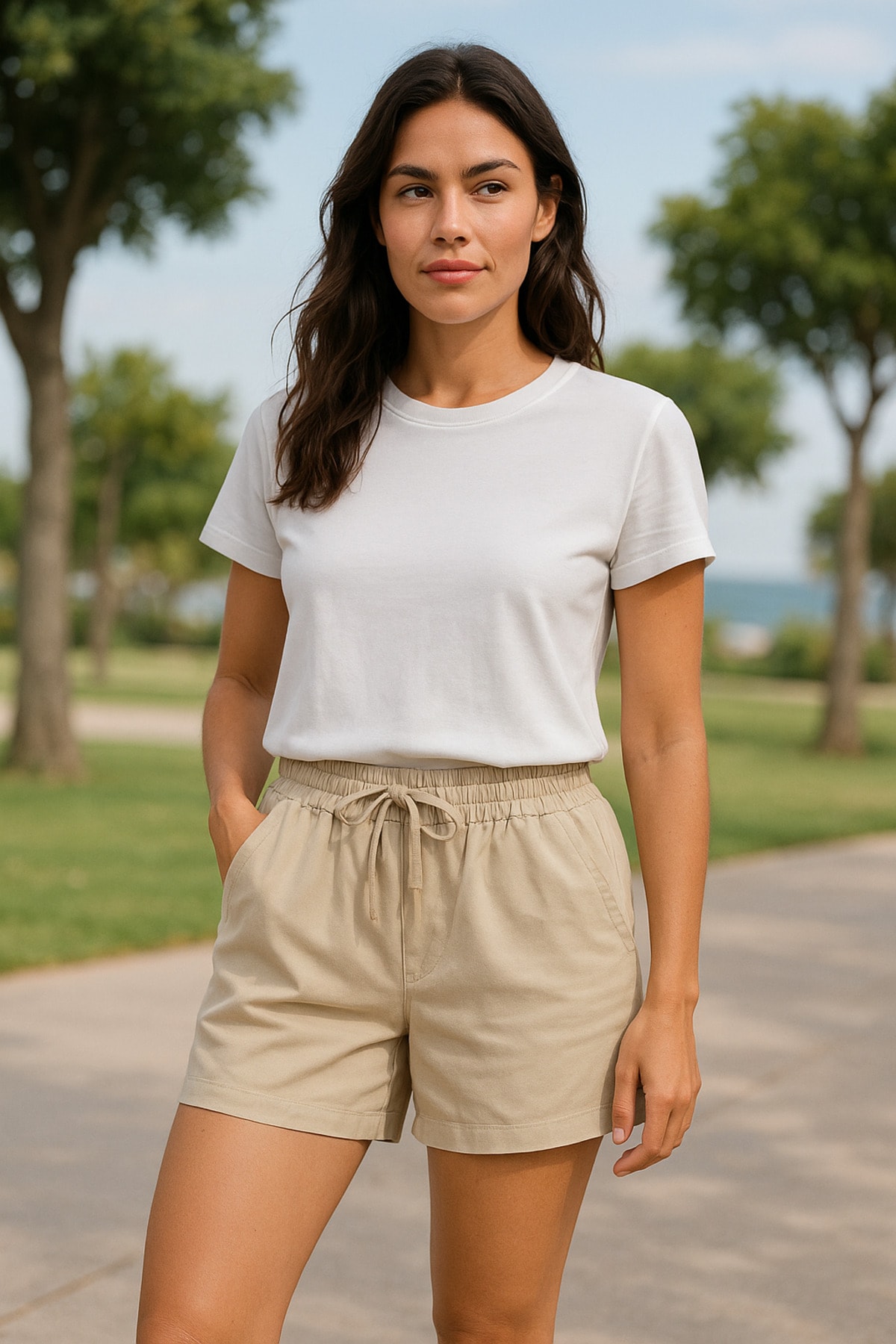 Krem Regular Bağcıklı Kadın Short