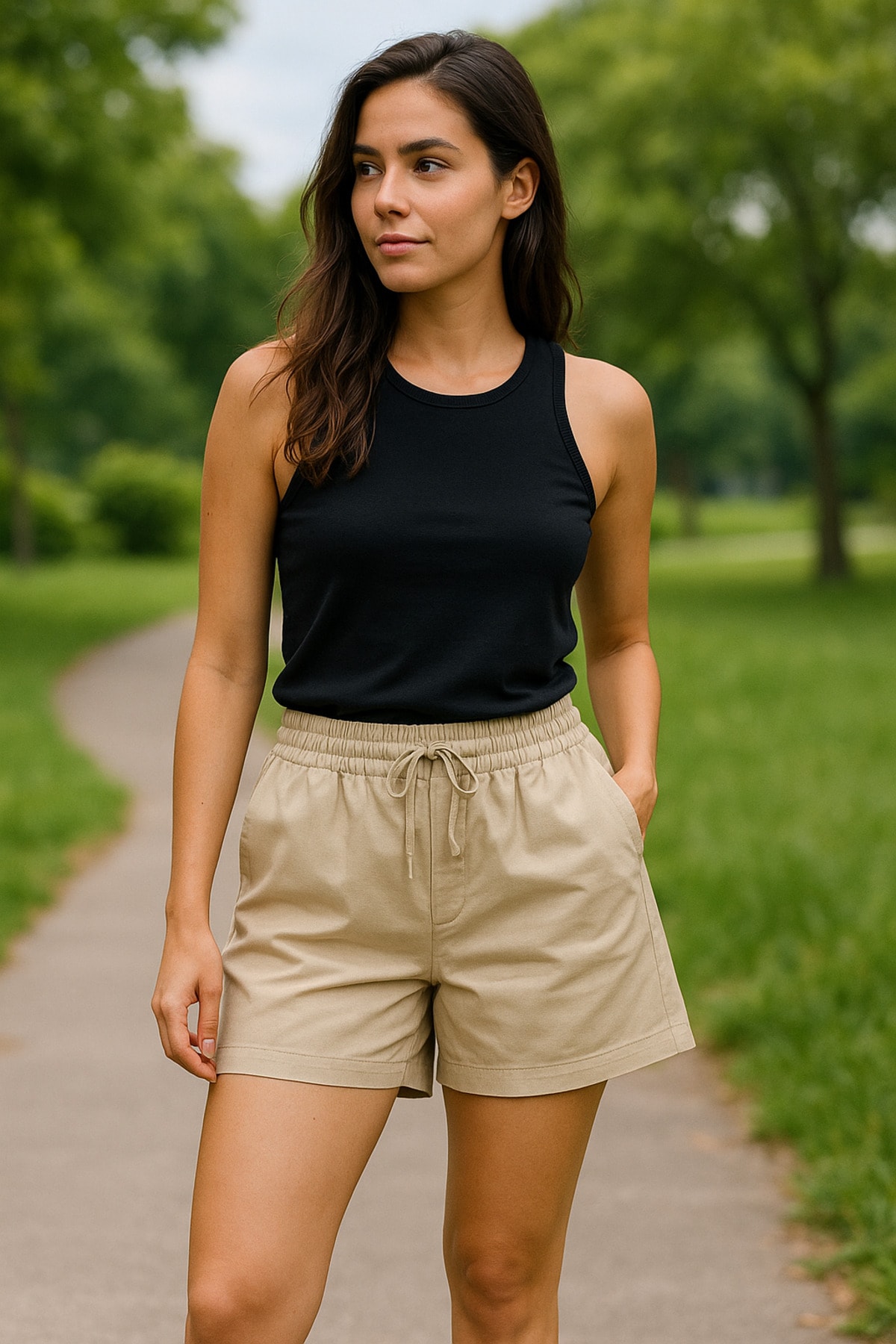 Krem Regular Bağcıklı Kadın Short