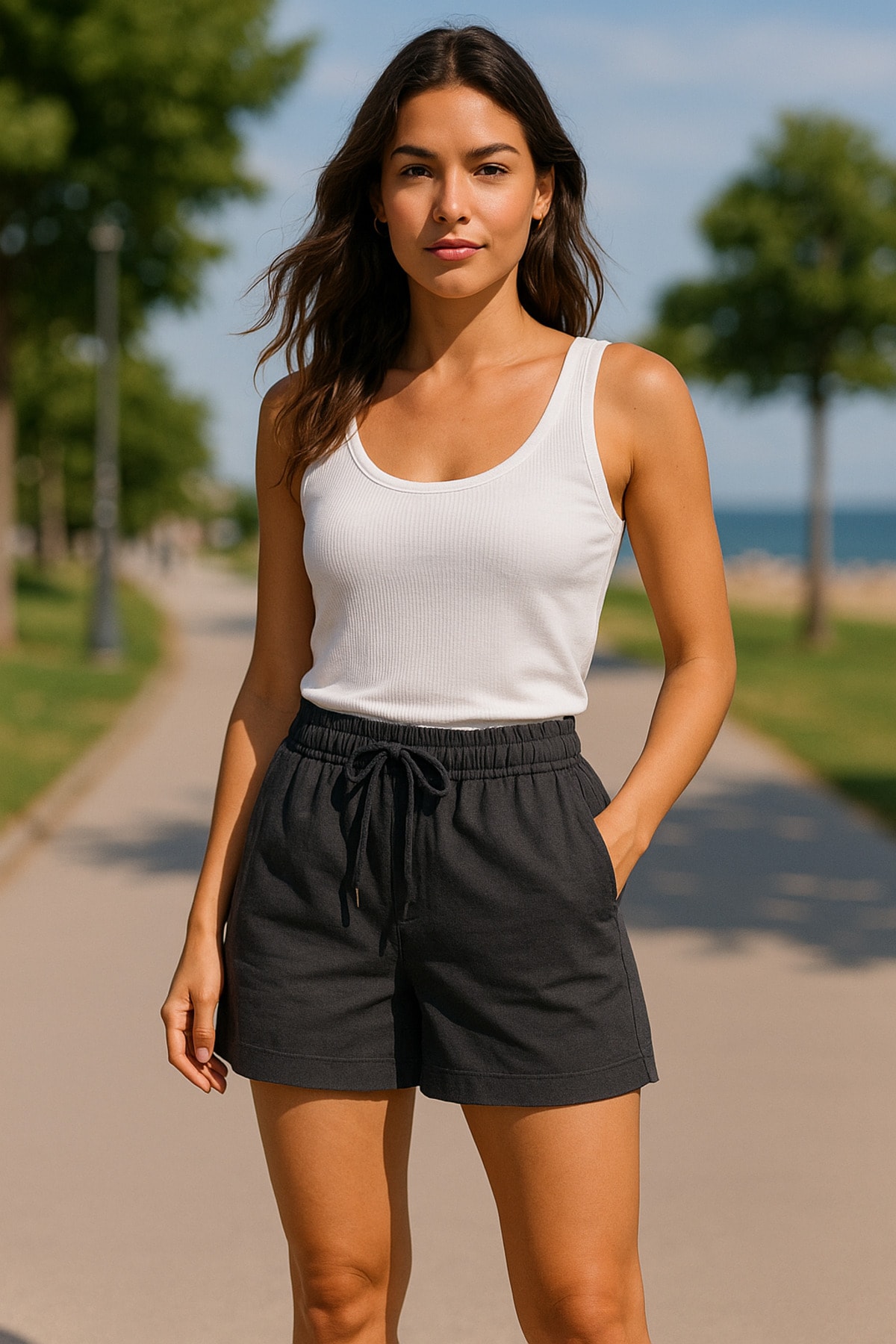 Siyah Regular Bağcıklı Kadın Short