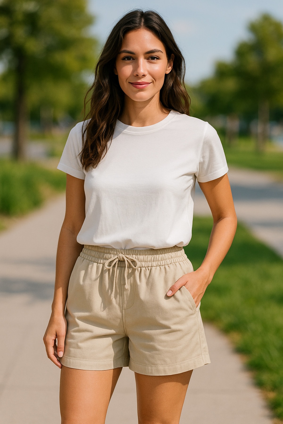 Krem Regular Bağcıklı Kadın Short