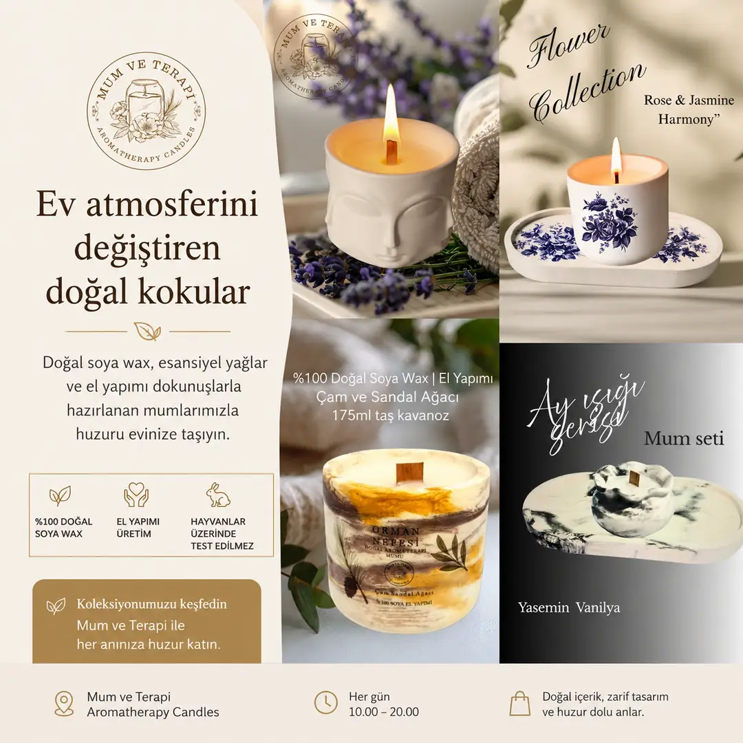Flower Collection, Orman Nefesi ve Ay Işığı serilerimiz; doğal dokular, zarif tasarımlar ve özel aromaterapi kokularıyla yaşam alanlarınıza sıcak bir atmosfer kazandırır.