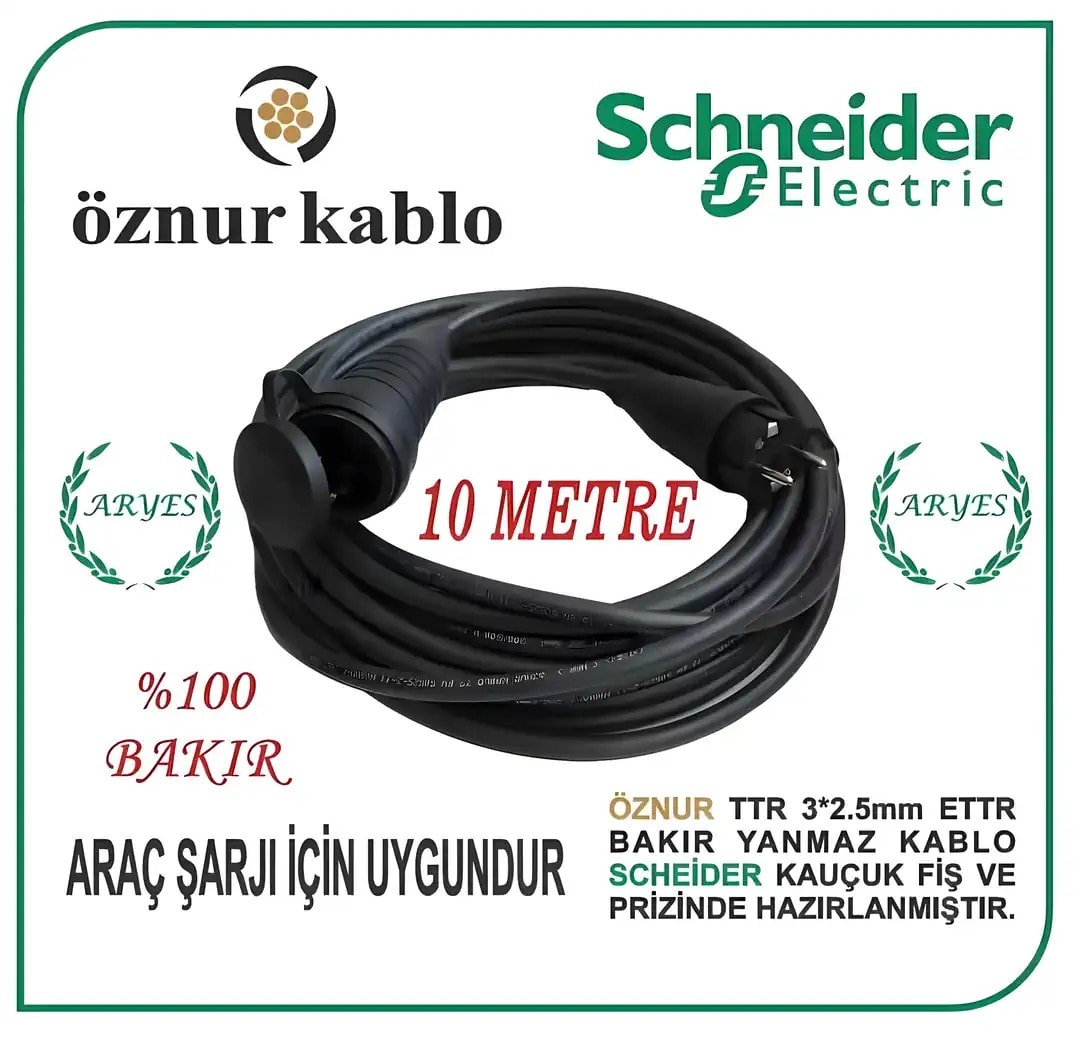 3x2.5 TTR Bakır 10 Metre Kauçuk Prizli Uzatma Kablosu – Araç Şarjı İçin Uygun