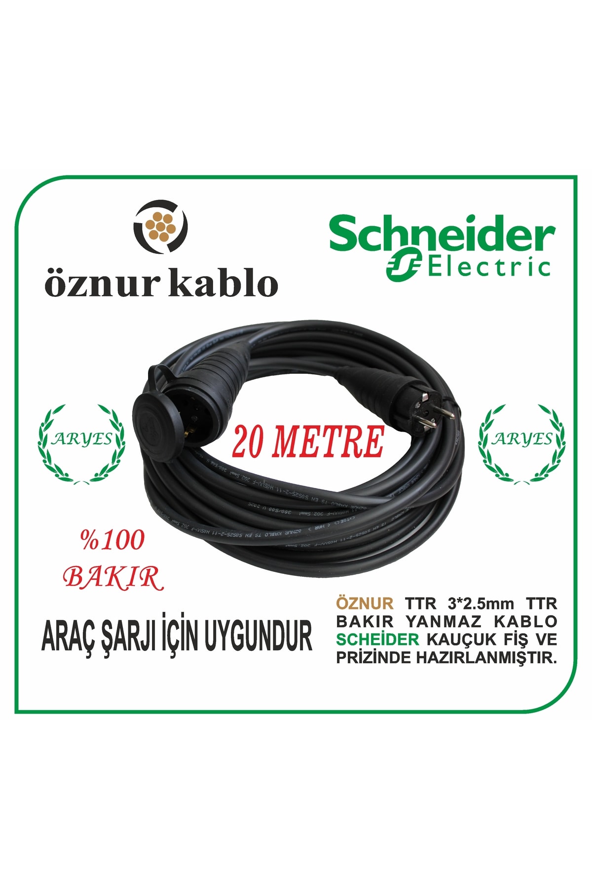 3x2.5 TTR Bakır 20 Metre Kauçuk Prizli Uzatma Kablosu – Araç Şarjı İçin Uygun