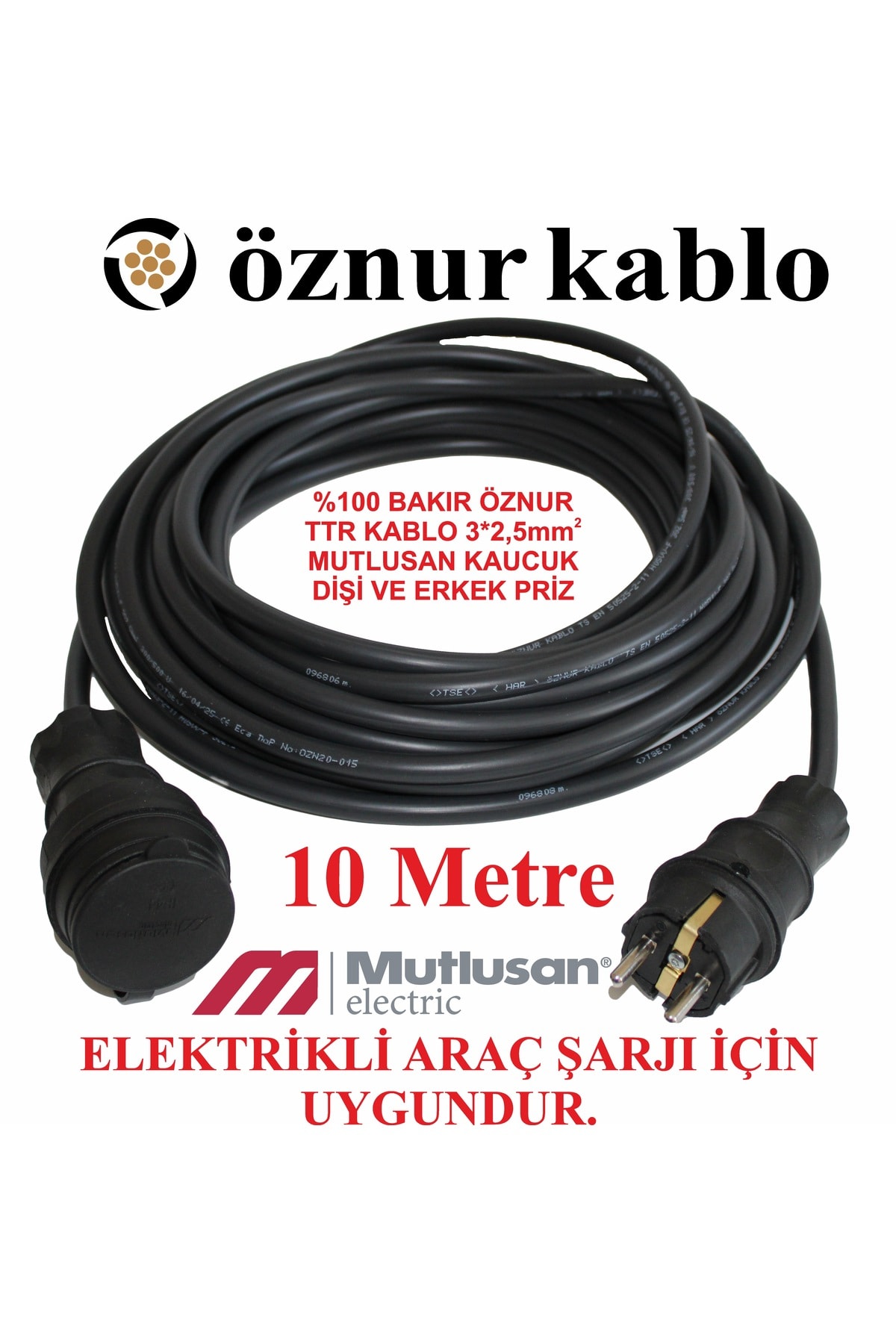 Evden Araç Şarj Uyumlu Kauçuk Fişli 10 Metre Öznur 3×2,5mm² Bakır Seyyar Kablo