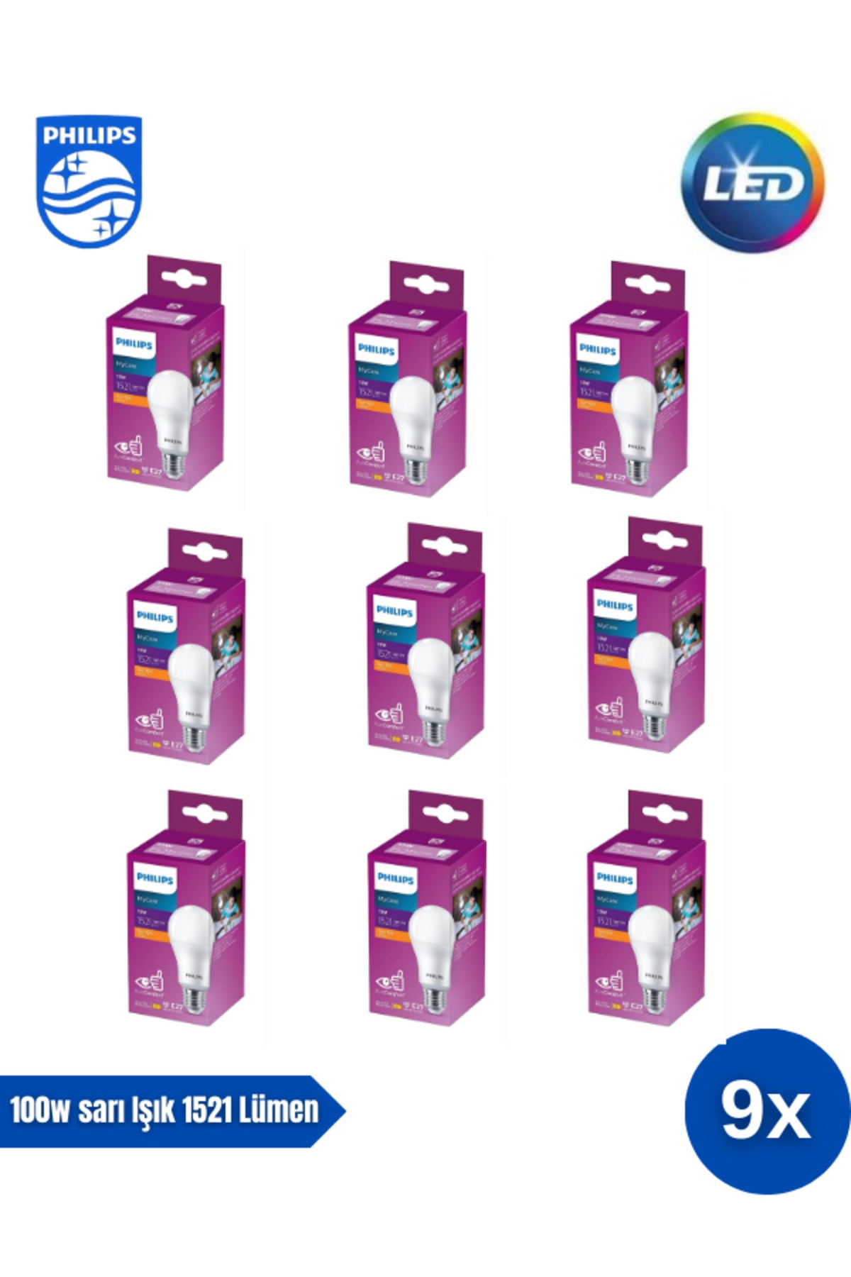 Mycare LED Lamba 13W - 100W 2700K Sarı  Işık  1521 Lümen Yüksek Işık 9 adet
