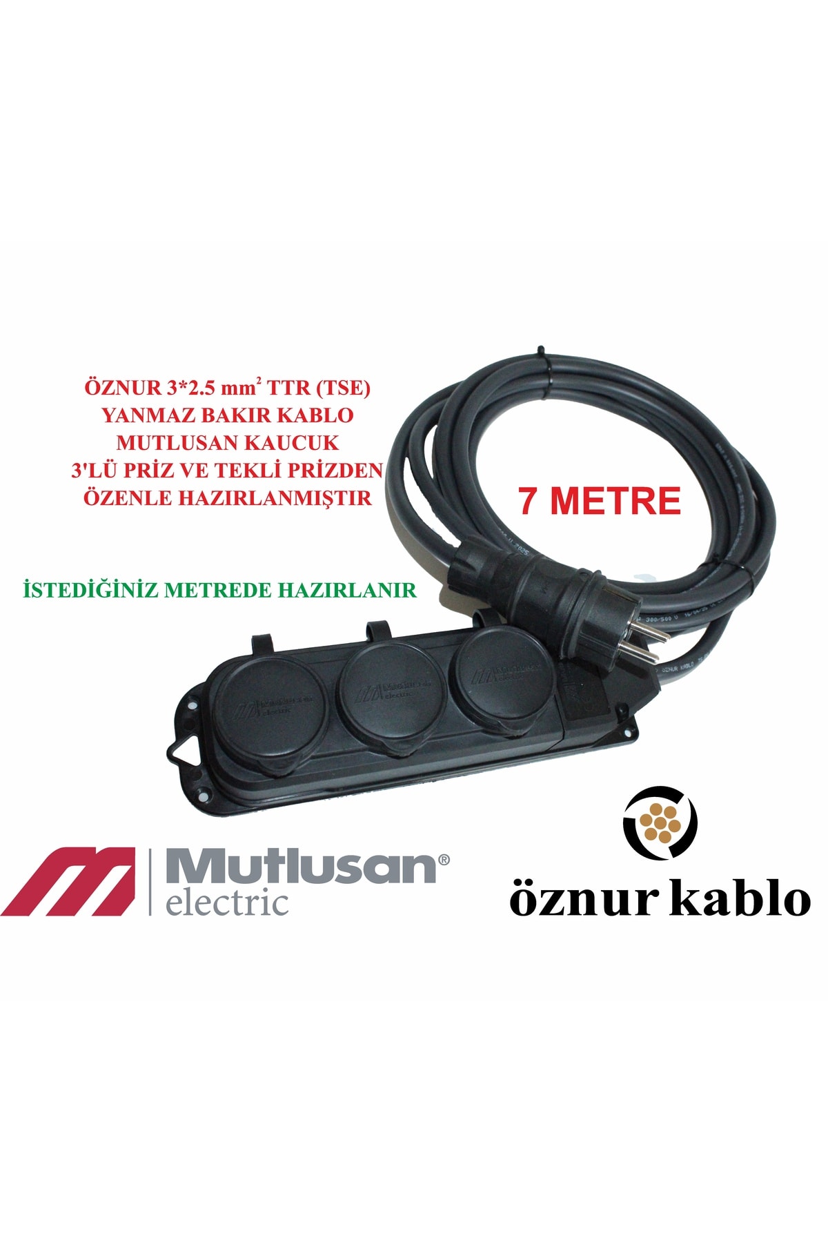 3lü Kaucuk 7 Metre Seyyar Çoklu Uzatma Öznur 3*2.5 Ttr Yanmaz Kablo