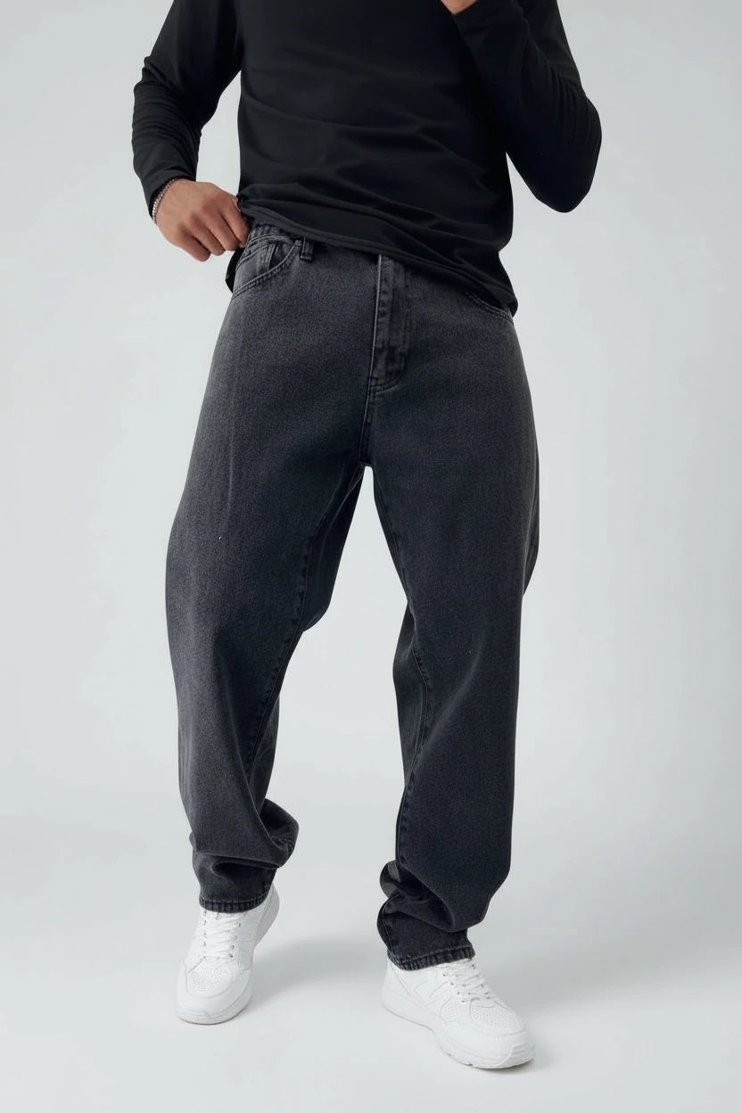 Antrasit Yıkamalı Baggy Fit Kot Pantolon