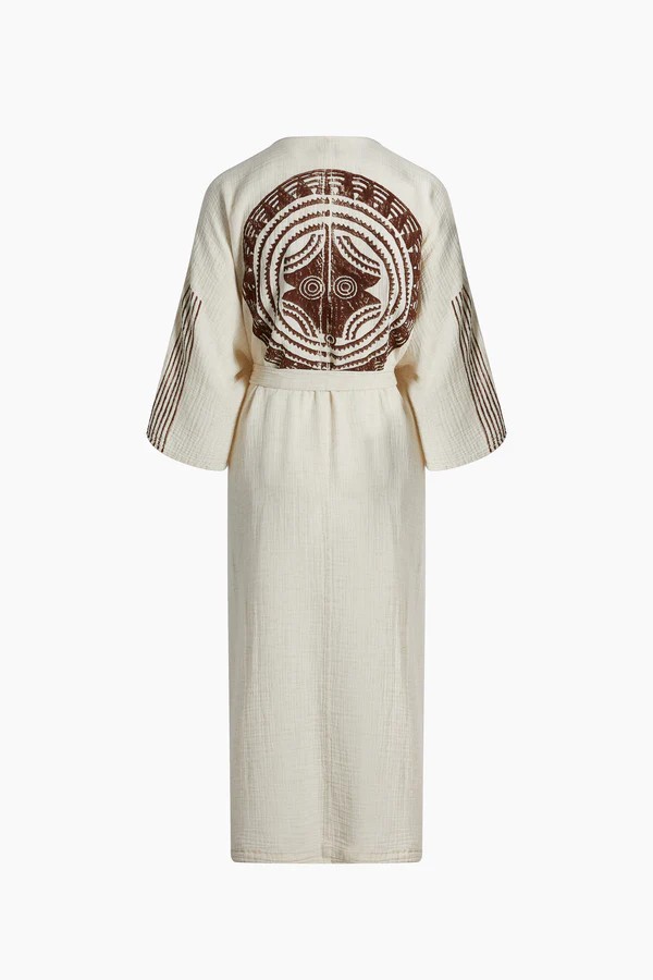 Crinkle Keten Kahverengi Baskılı Kimono