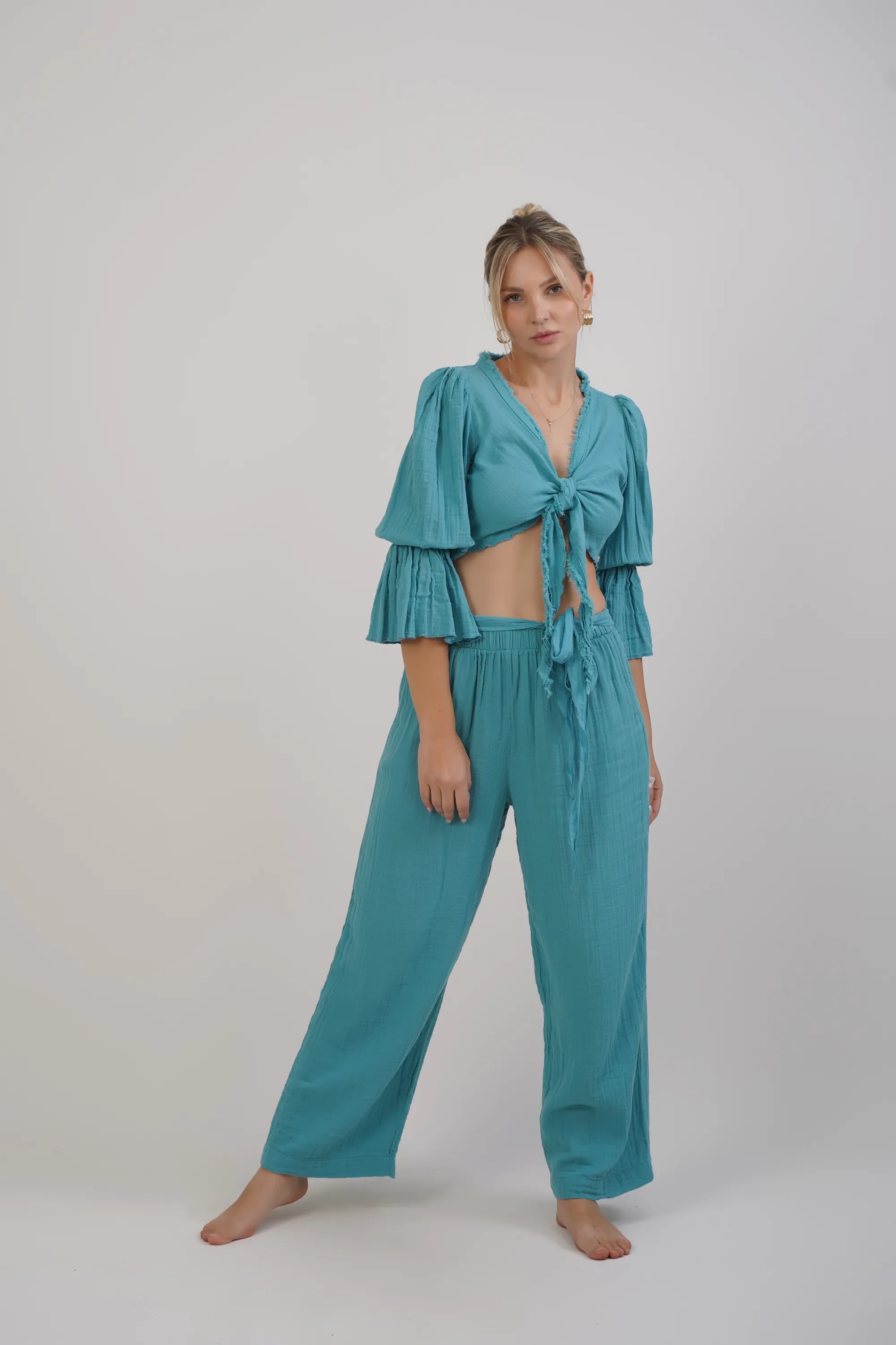 Uzun Kollu Bağlamalı Bluz / Mint