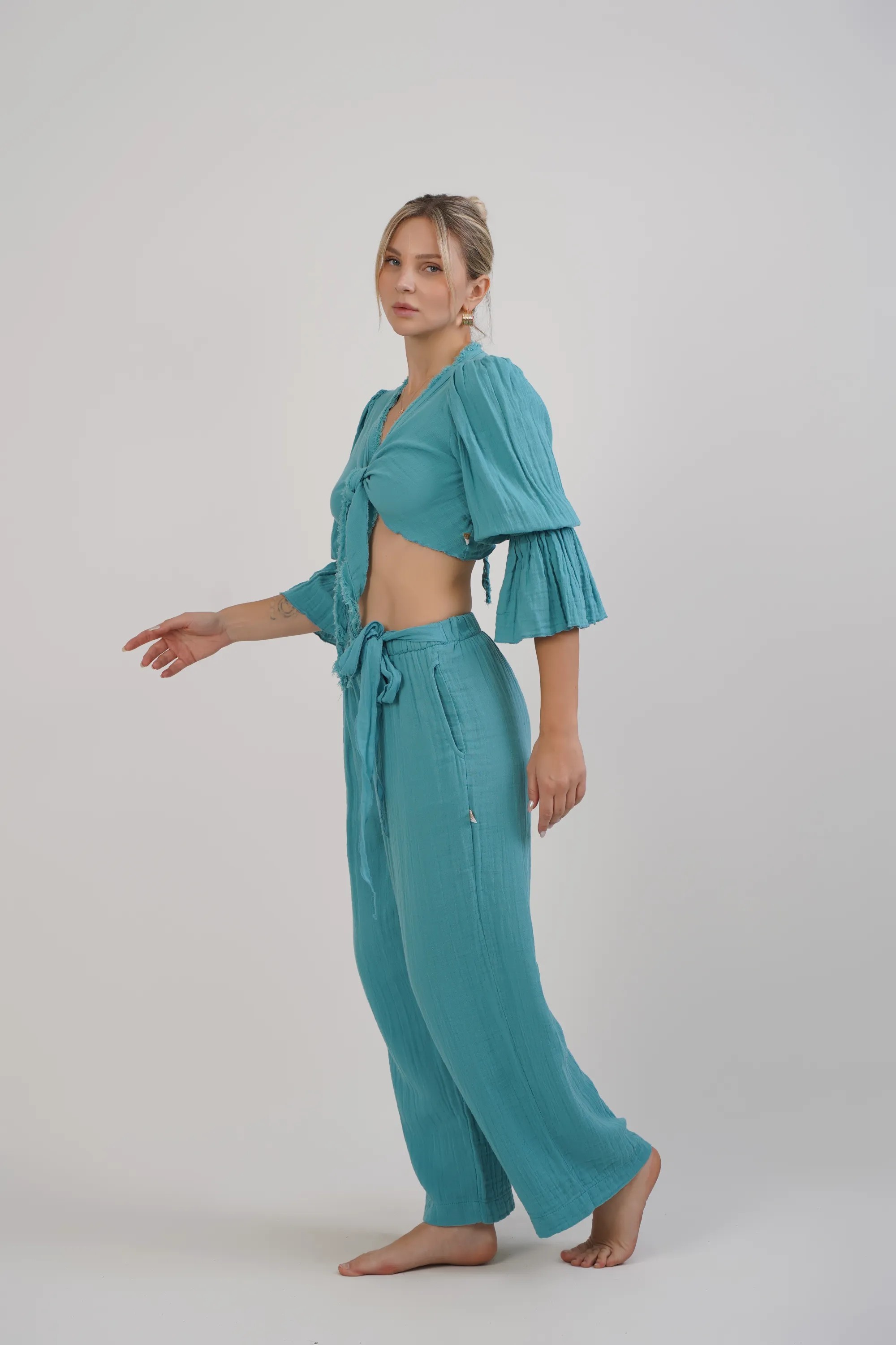 Uzun Kollu Bağlamalı Bluz / Mint