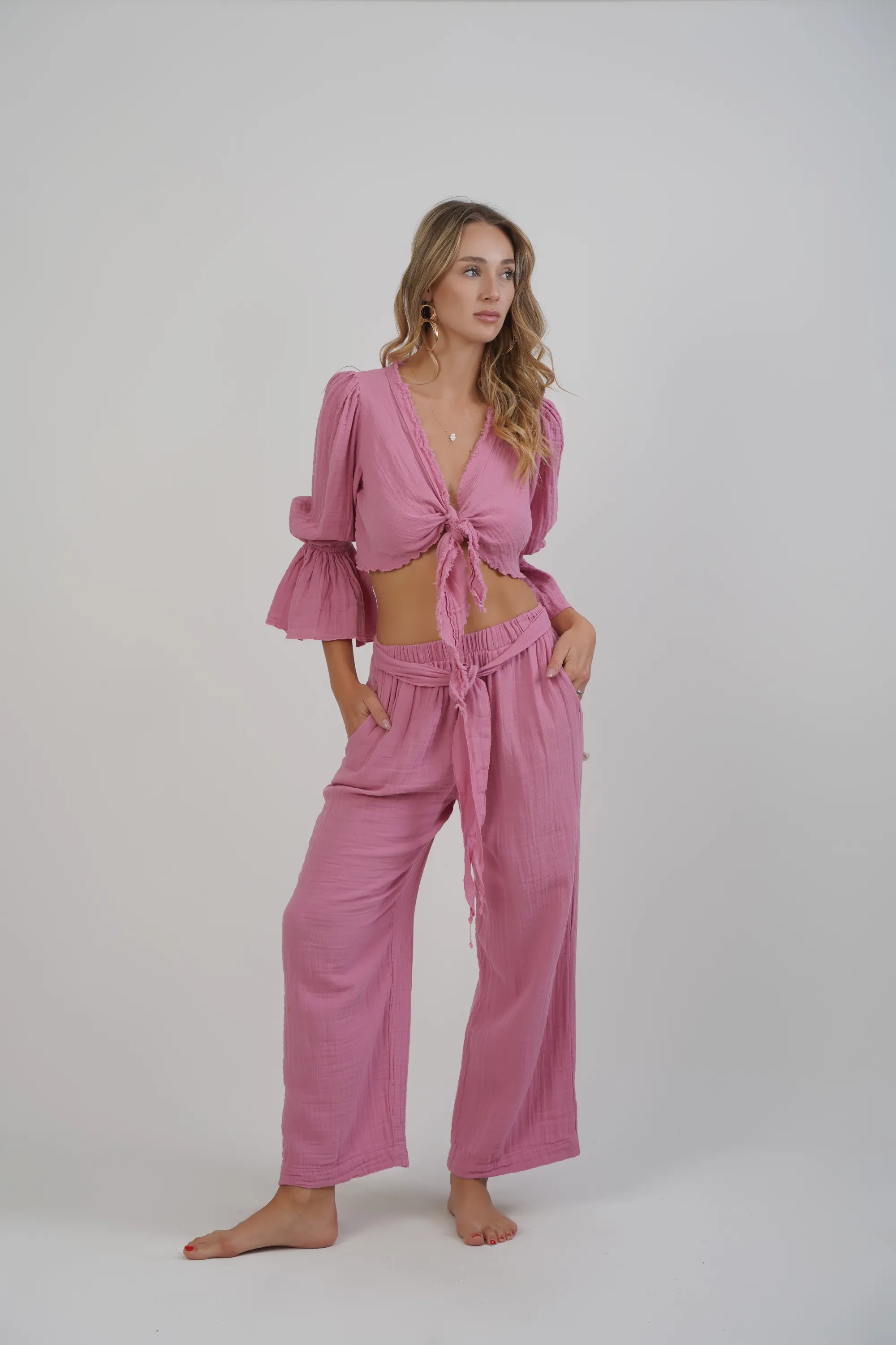 Uzun Kollu Bağlamalı Bluz / Pembe