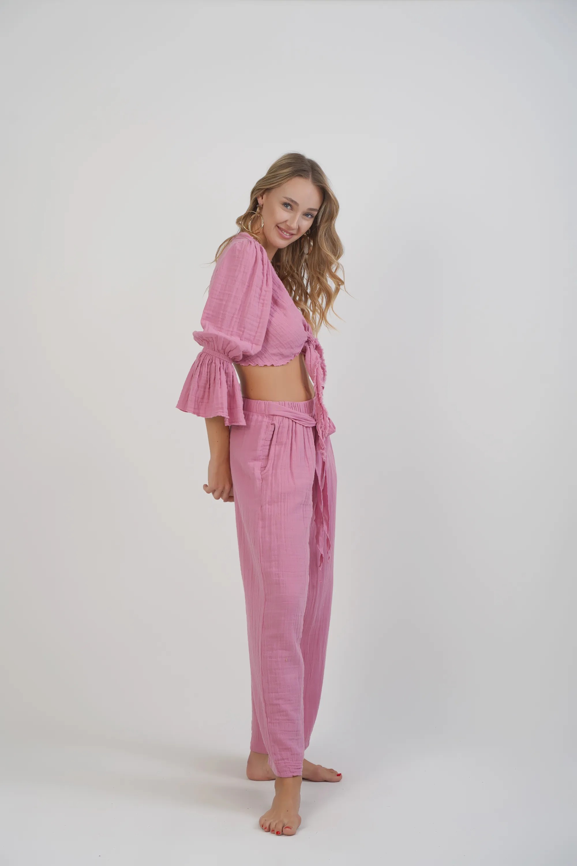 Uzun Kollu Bağlamalı Bluz / Pembe