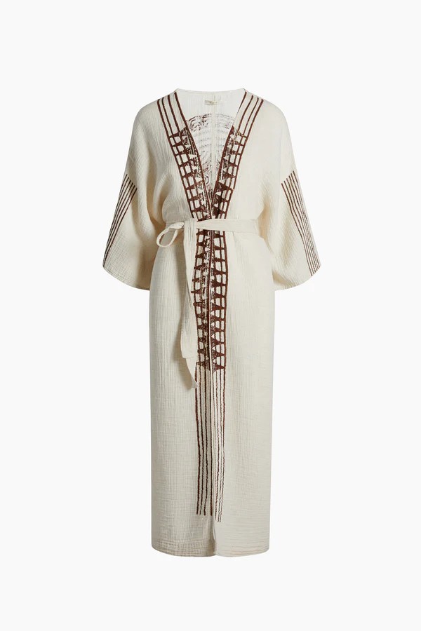 Crinkle Keten Kahverengi Baskılı Kimono