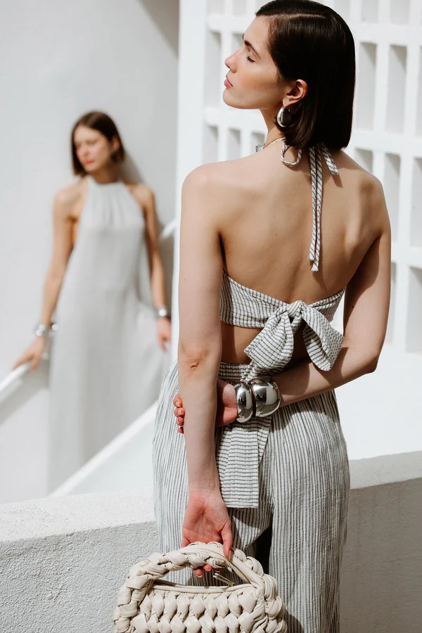 Crinkle Çizgili Halter Yaka Bluz