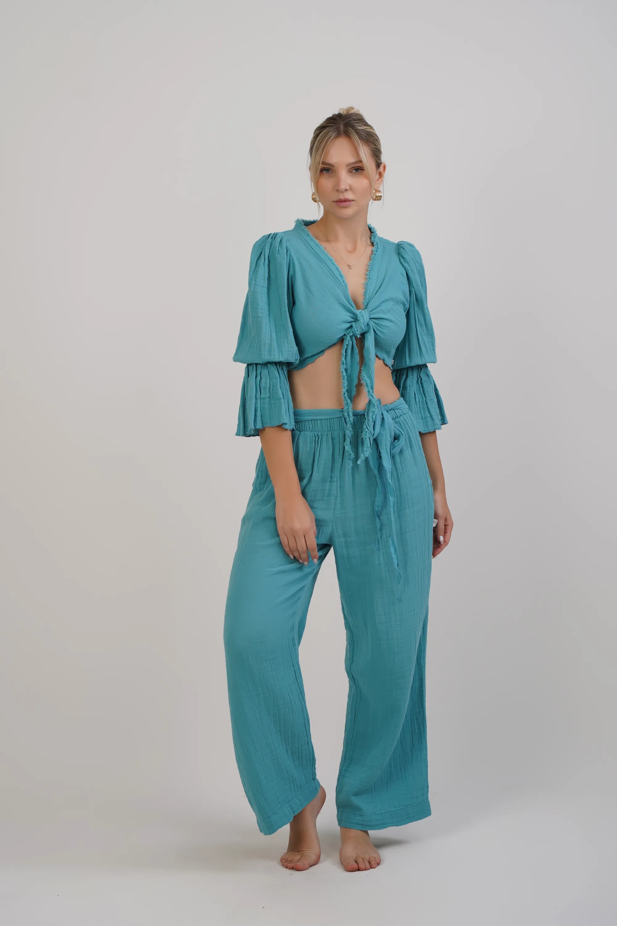 Uzun Kollu Bağlamalı Bluz / Mint