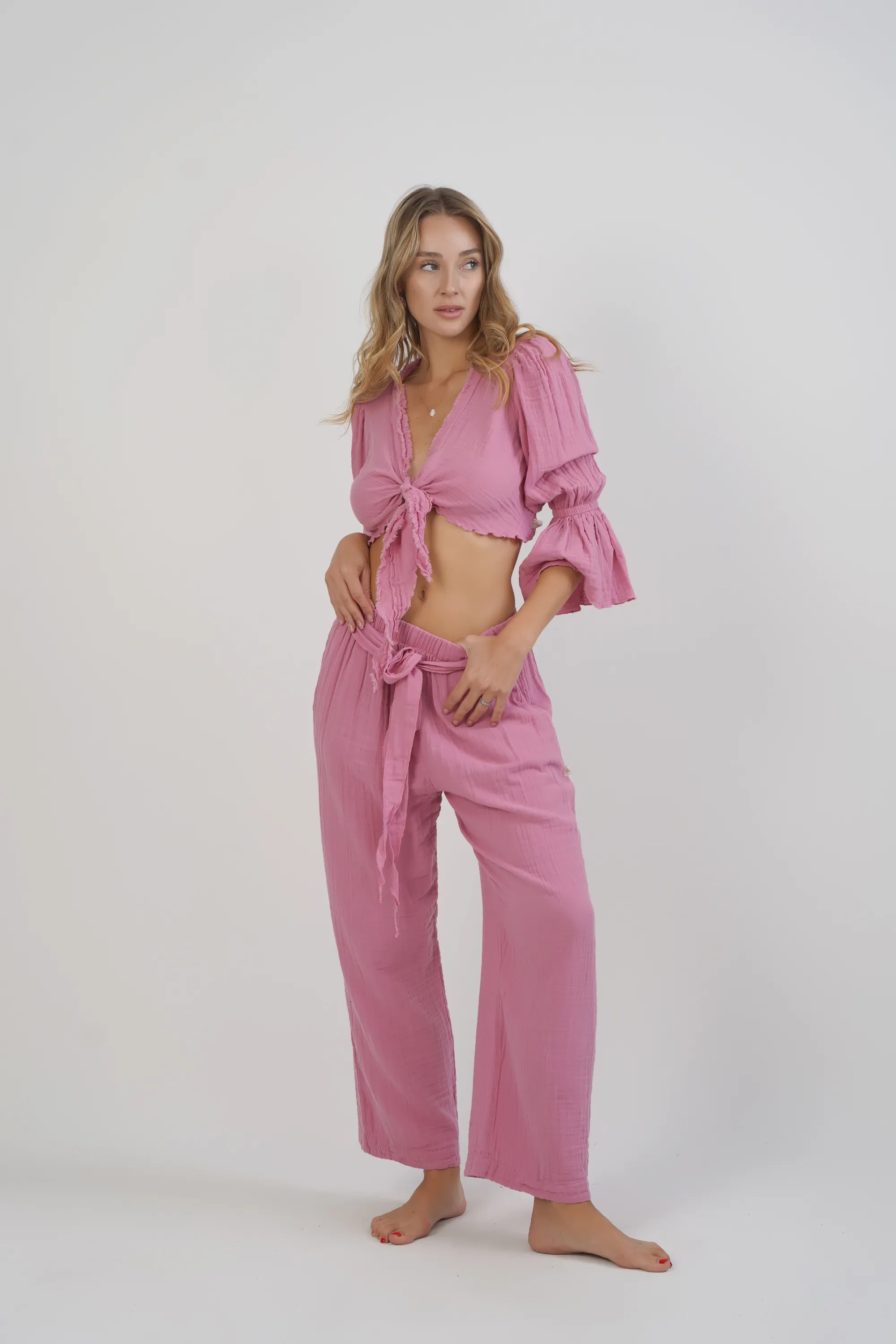 Uzun Kollu Bağlamalı Bluz / Pembe