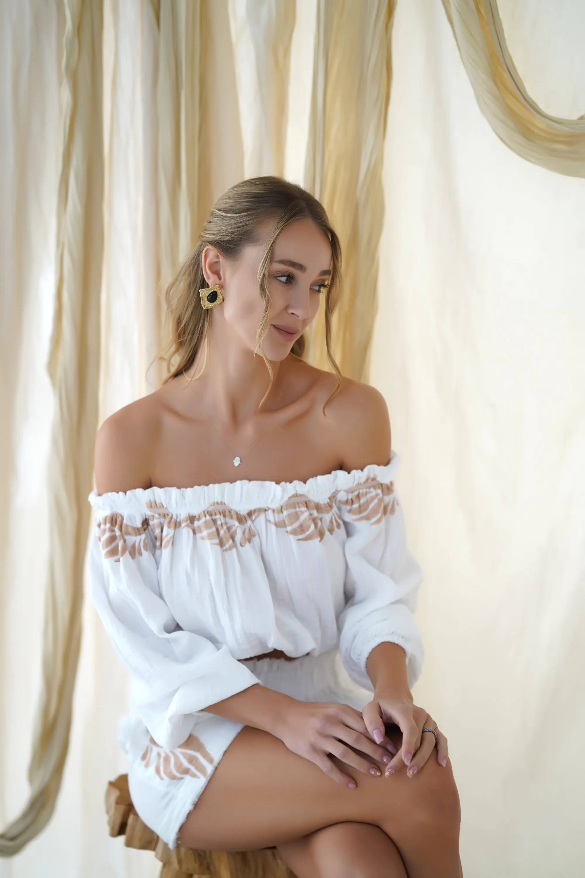 Baskılı Şort / Beyaz-Bej