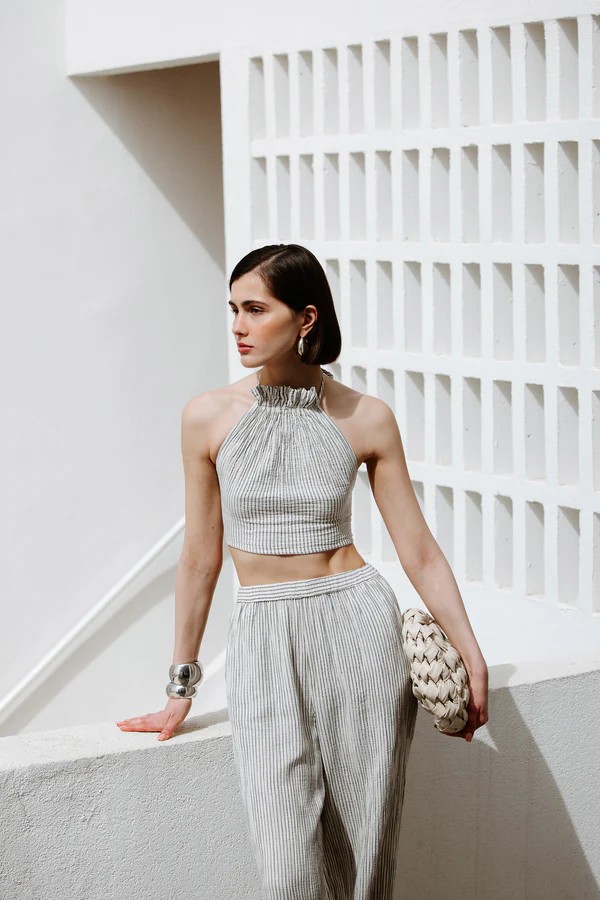 Crinkle Çizgili Halter Yaka Bluz