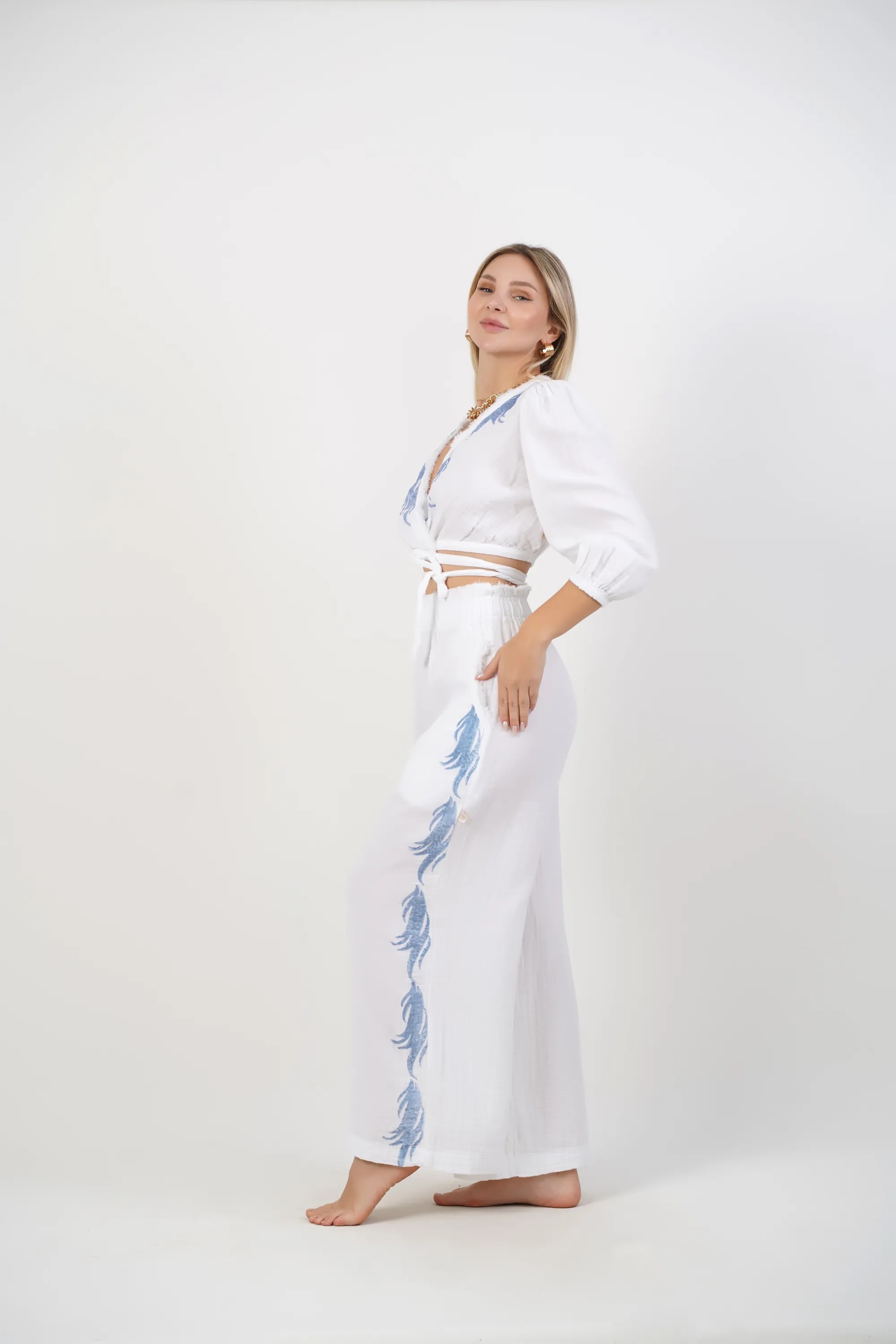Baskılı Pantolon / Beyaz-Mavi
