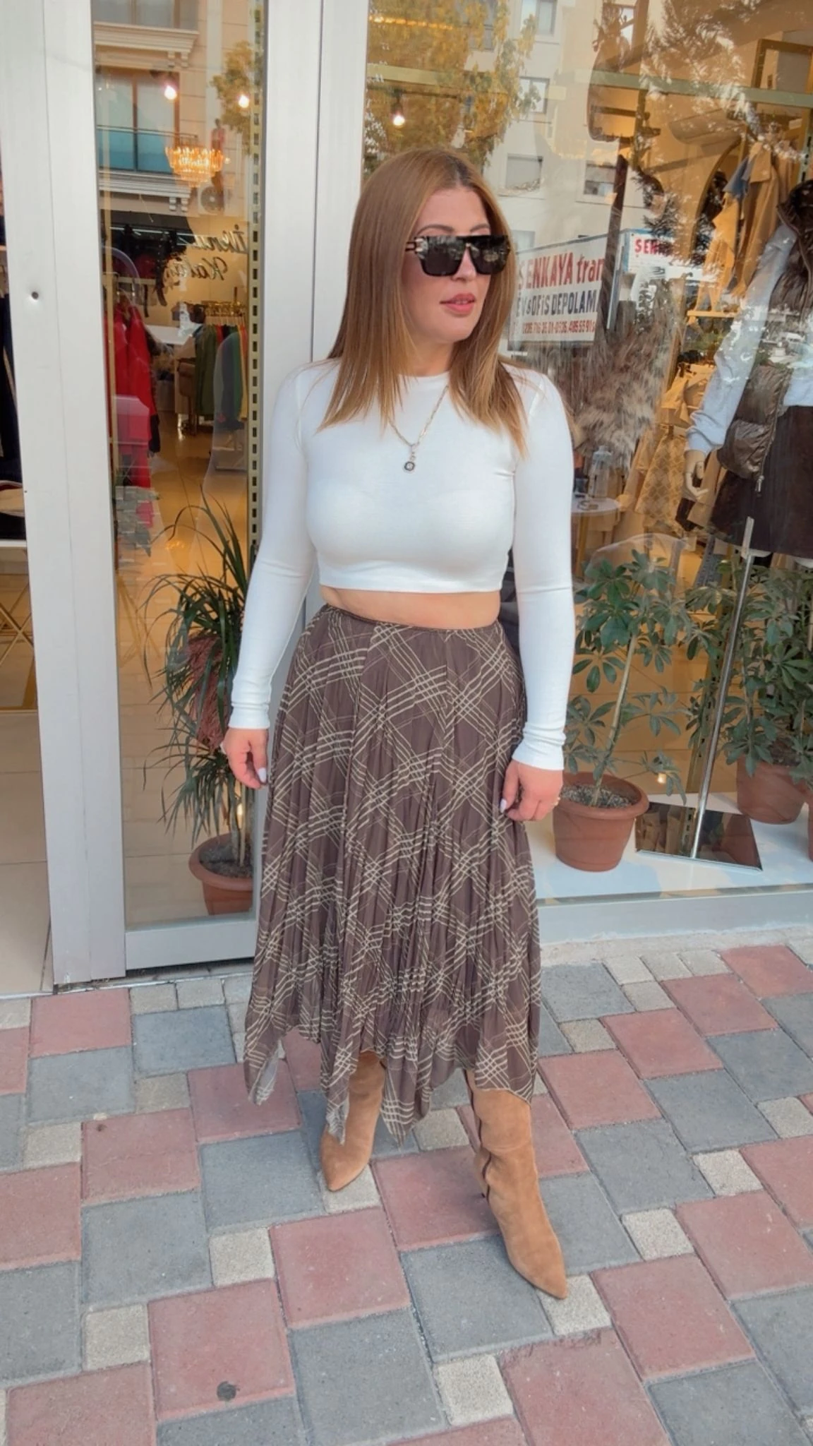 BAKLAVA DESENLİ ASİMETRİK ETEK - Kahve