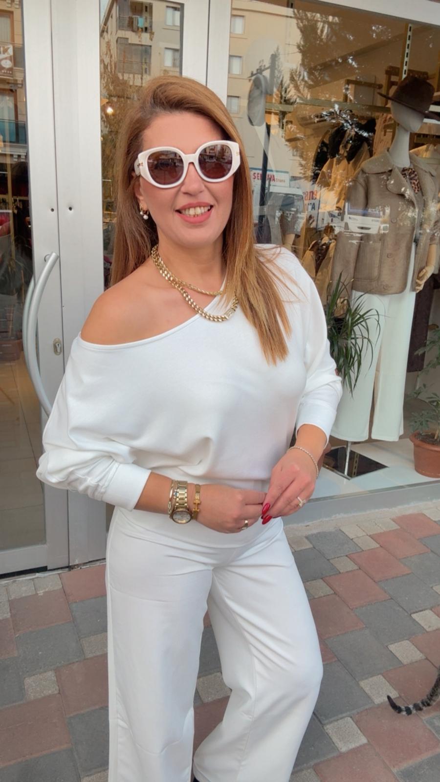 Kayık Yaka Kazak - Beyaz