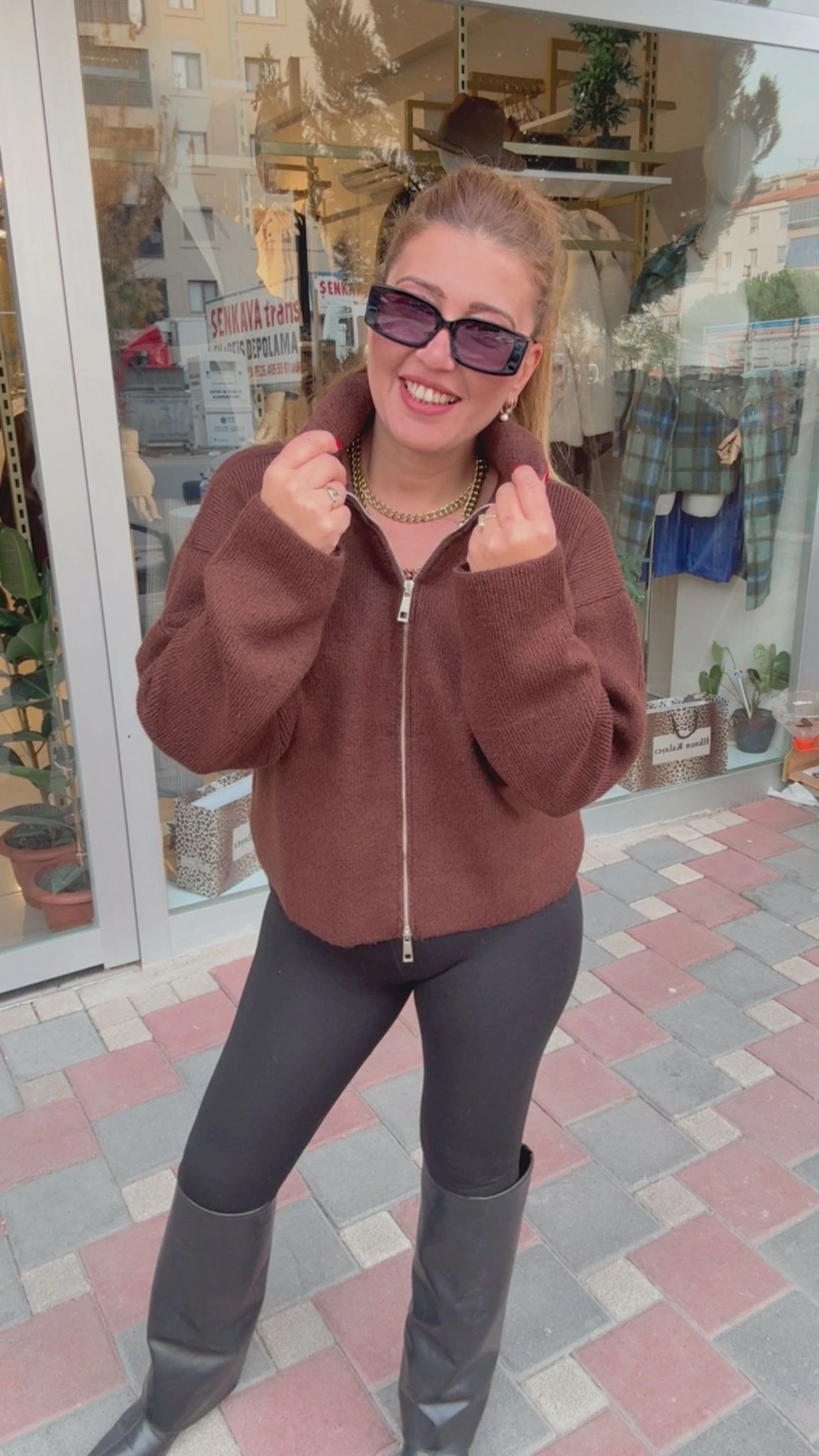 Çift Fermuarlı Hırka - Kahve