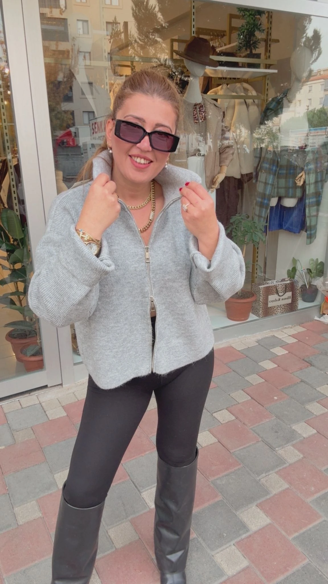 Çift Fermuarlı Hırka - Gri