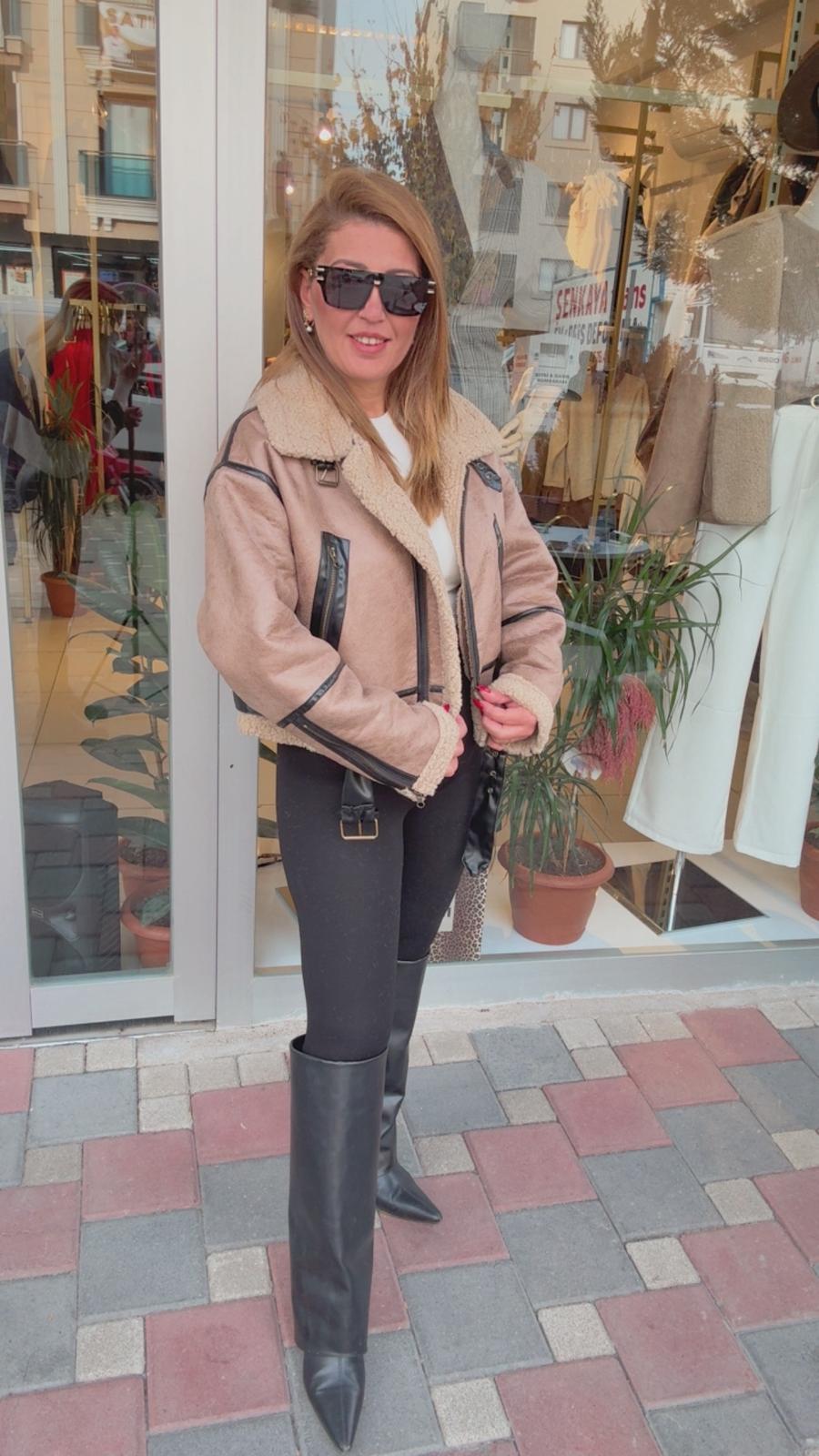 GARNİLİ KÜRKLÜ MONT - Krem