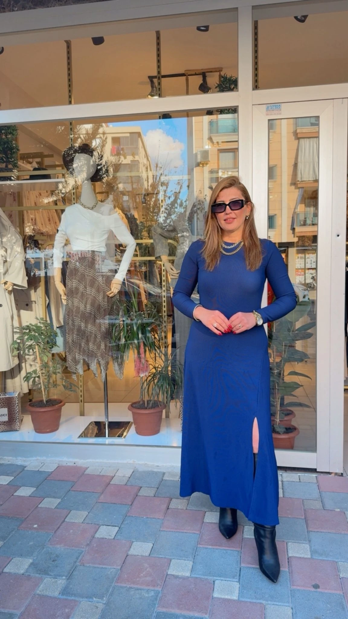 Yan Yırtmaçlı Triko Elbise - Lacivert