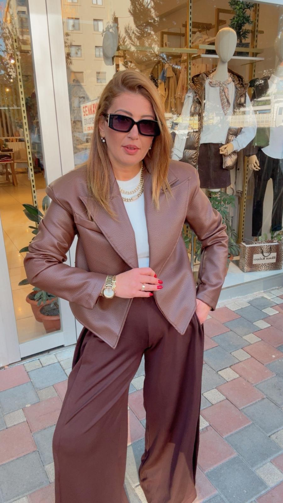 BORNOZ BAĞLAMALI DERİ CEKET - Kahve