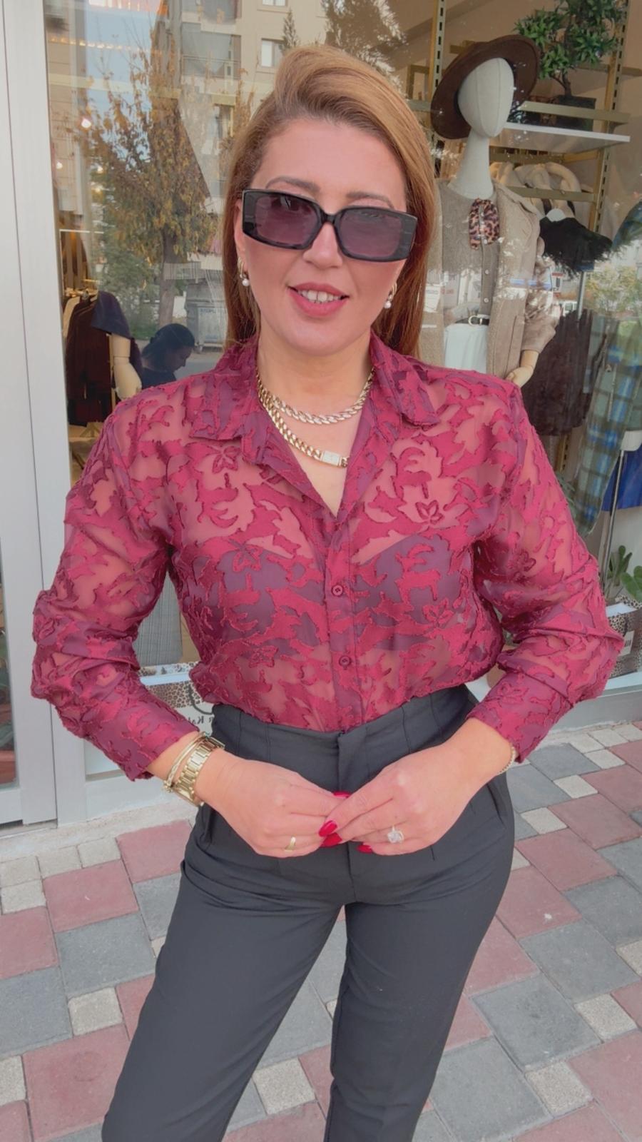 KABARTMALI TRANSPARAN GÖMLEK - Bordo