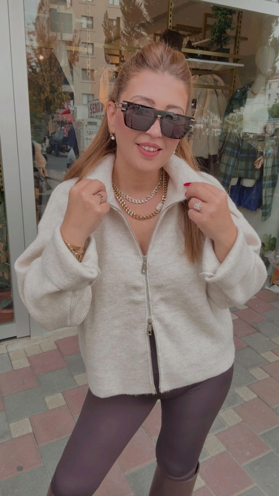 Çift Fermuarlı Hırka - Taş Rengi