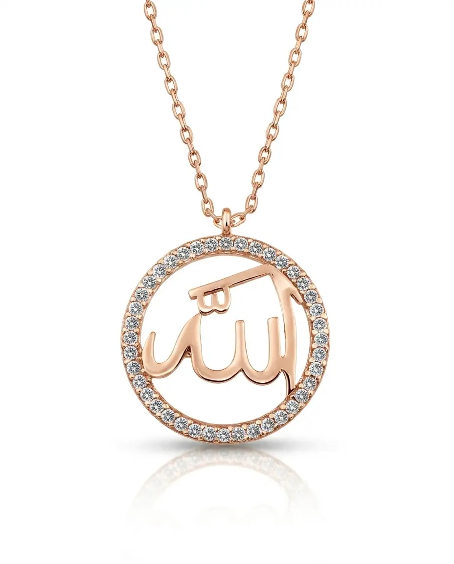Rose renk zirkon taşlı 925 ayar gümüş Allah lafzı kadın kolye