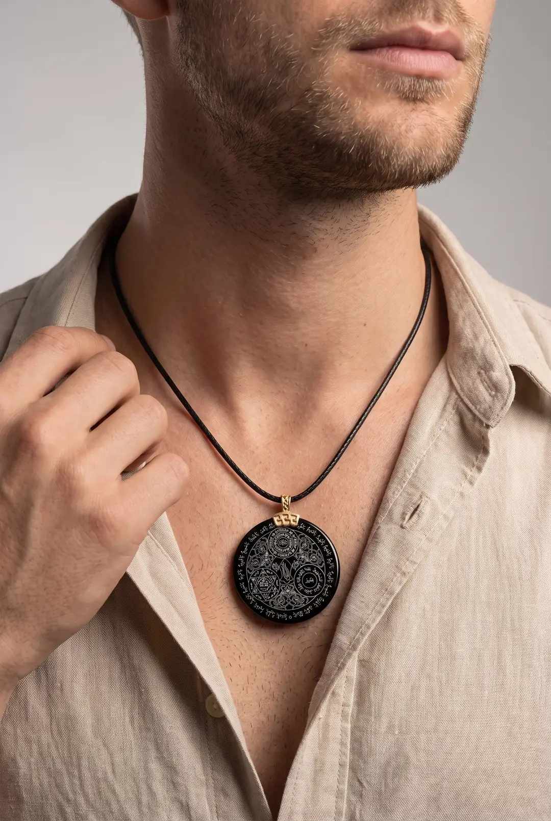 Round Agate Black Natural Stone Necklace for Men