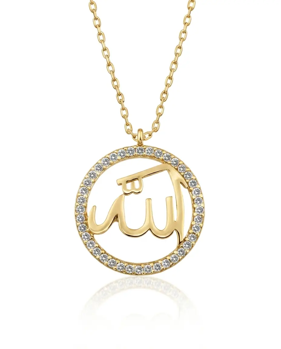 Gold renk zirkon taşlı 925 ayar gümüş Allah lafzı kadın kolye
