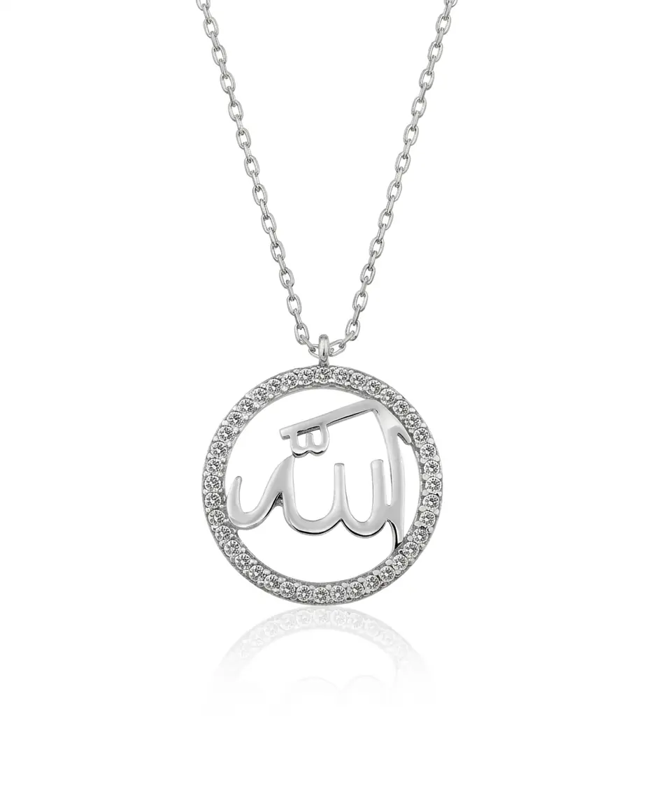 Gümüş renk zirkon taşlı 925 ayar gümüş Allah lafzı kadın kolye