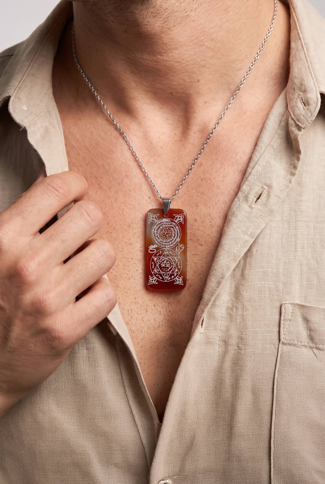 Sır-ı Akik Rectangular Necklace Red Premium Series Men's Use