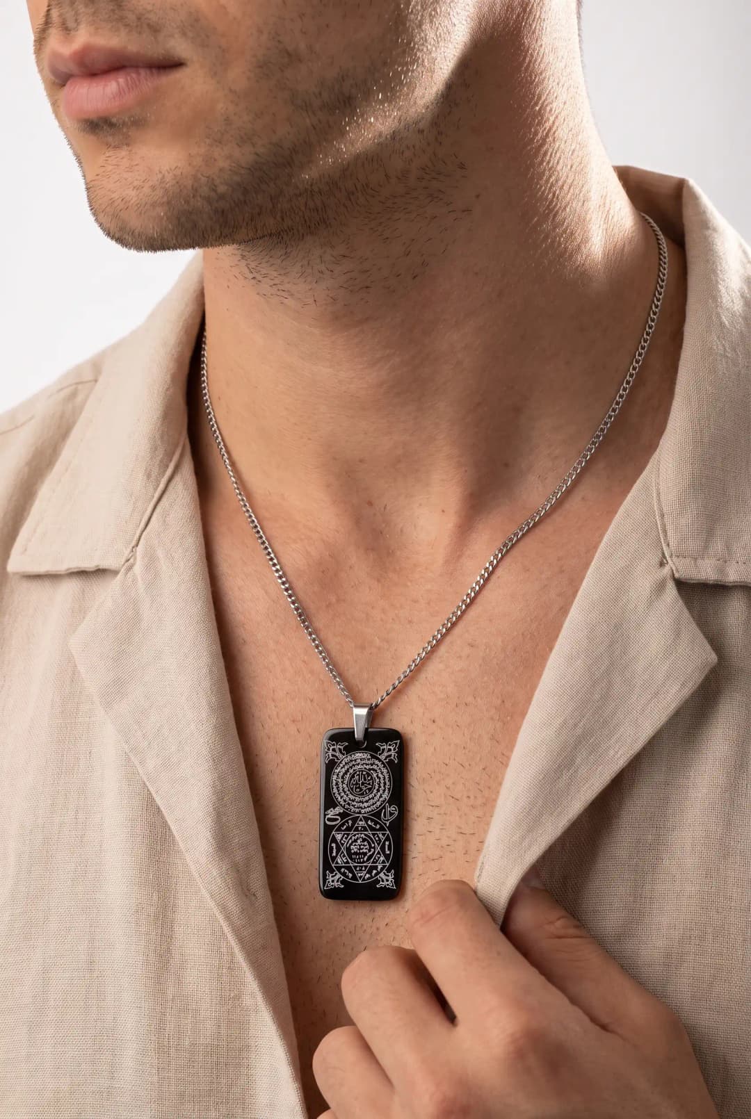 Sır-ı Akik Rectangular Necklace Black Premium Series Men's Use