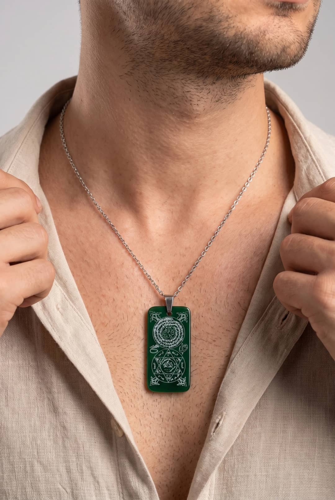 Sır-ı Akik Rectangular Necklace Green Premium Series Men's Use